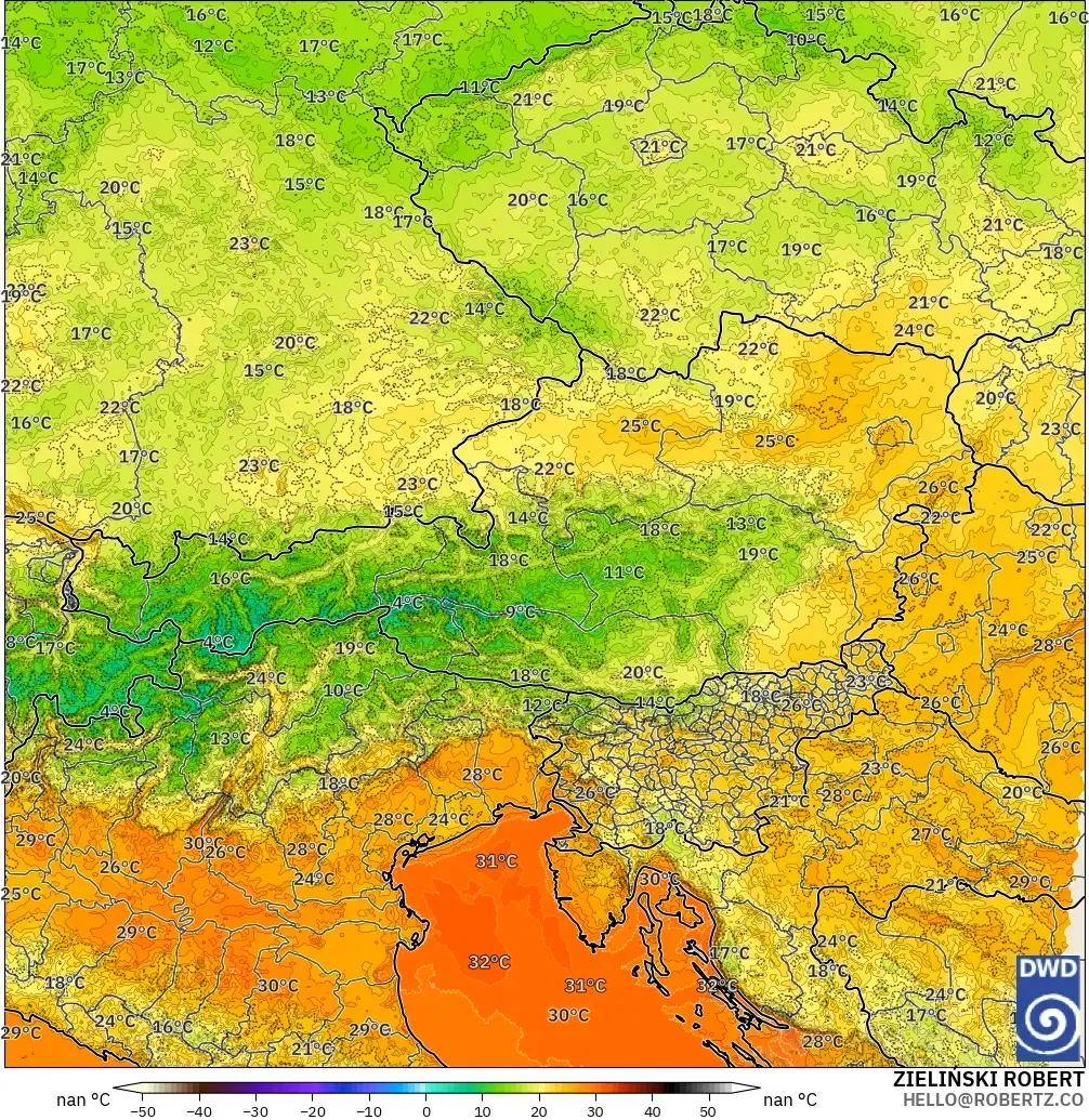 ICON Alemania 2 km modelo - Austria, Temperatura a 2 m
