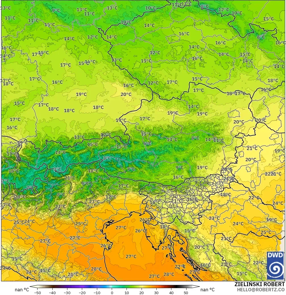 ICON Alemania 2 km modelo - Austria, Temperatura a 850 hPa