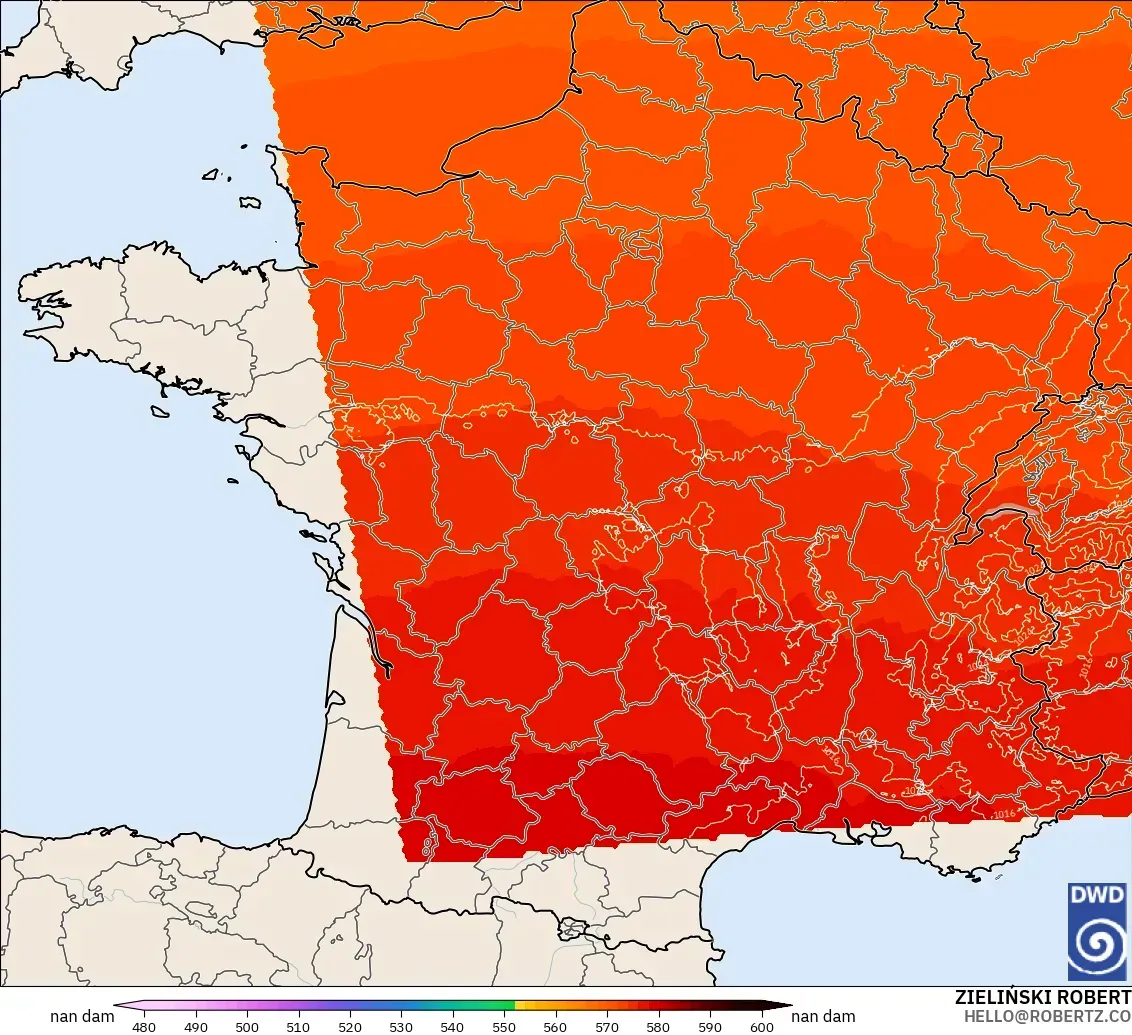 ICON Alemania 2 km modelo - Francia, Altura geopotencial a 500 hPa