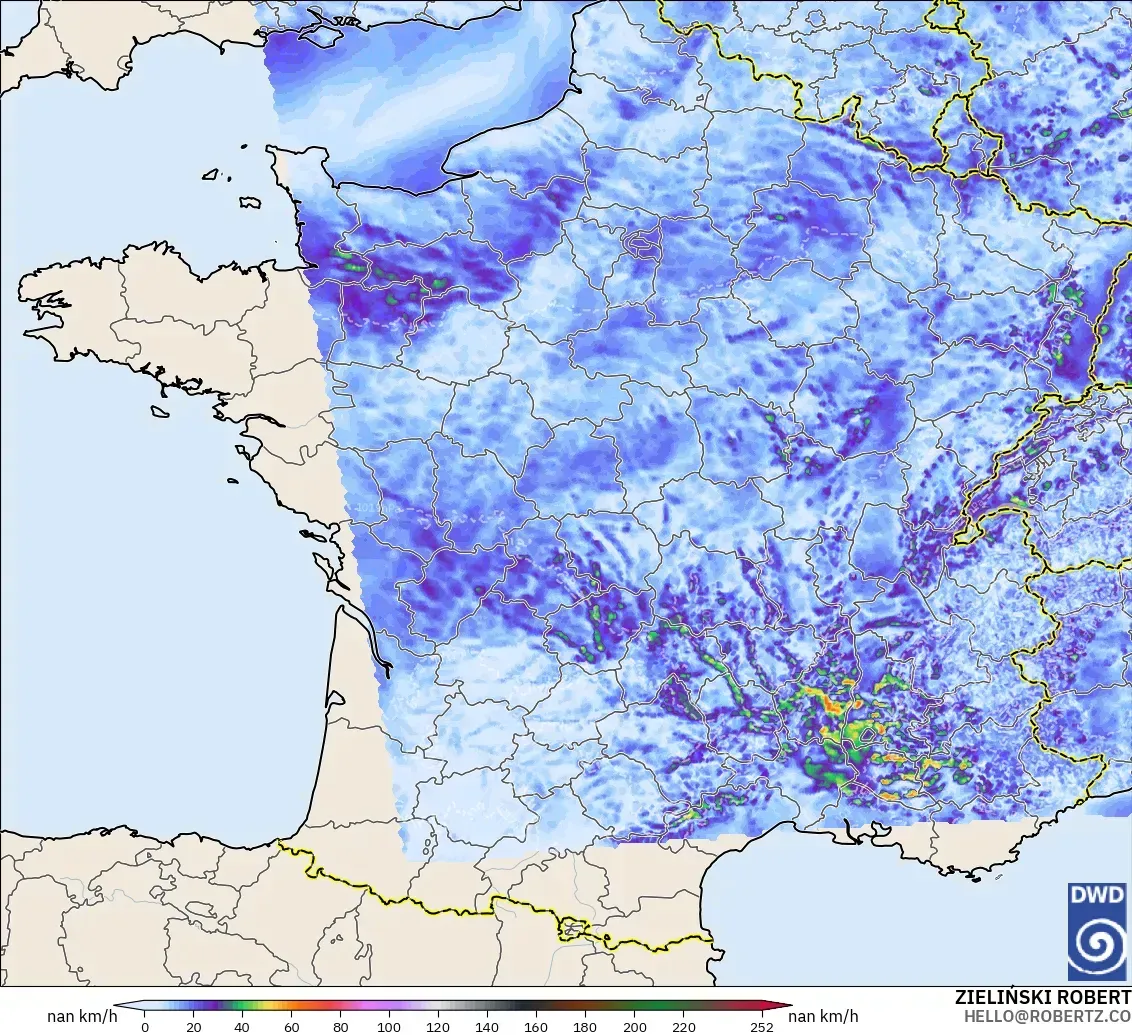 ICON Alemania 2 km modelo - Francia, Ráfagas de viento
