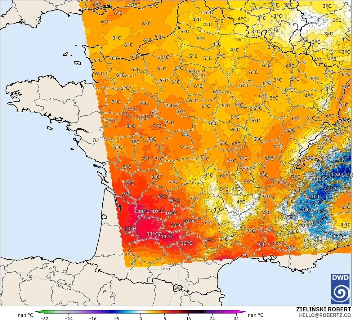 ICON Alemania 2 km modelo - Francia, Anomalía de temperatura a 850 hPa