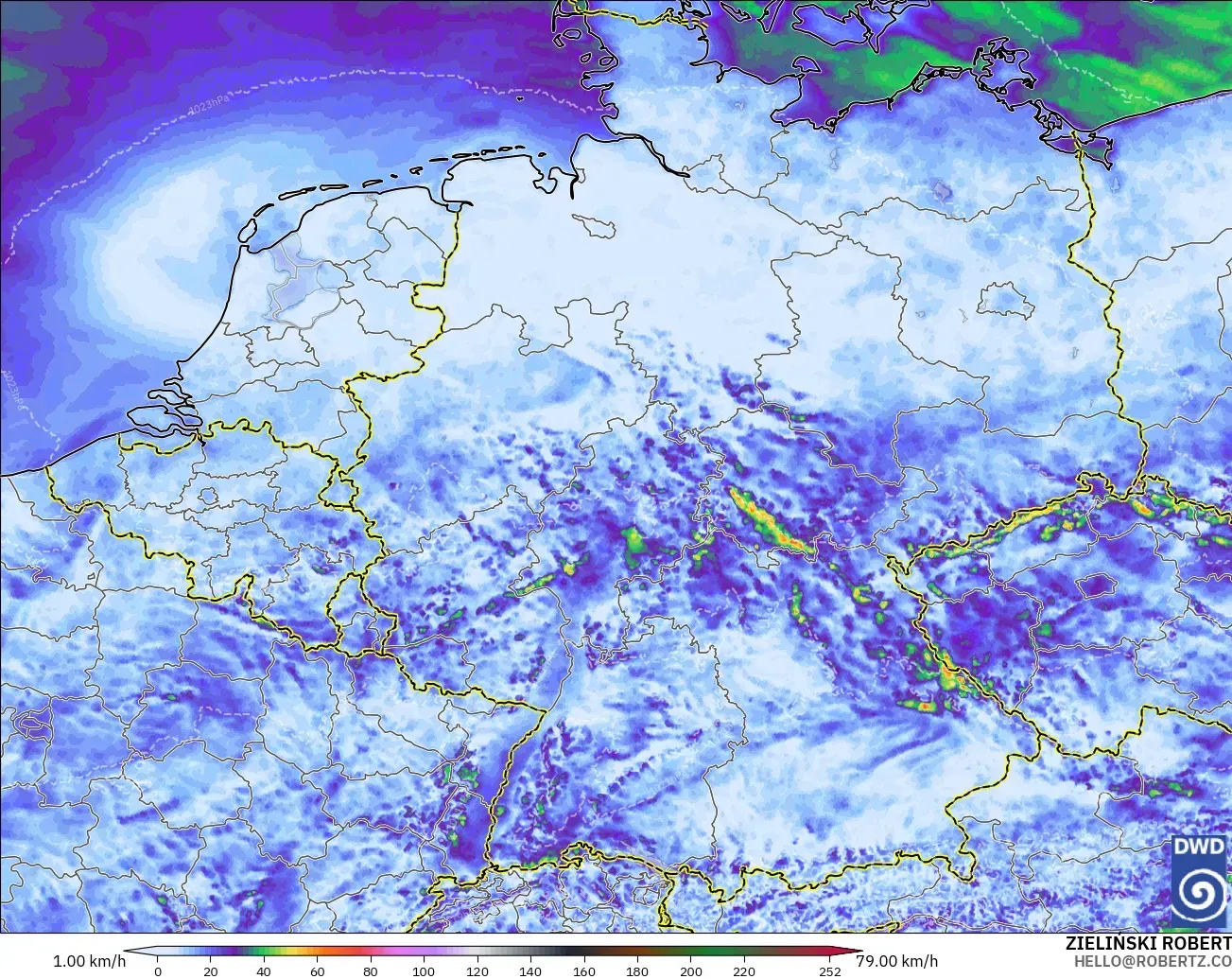 ICON Alemania 2 km modelo - Alemania, Ráfagas de viento