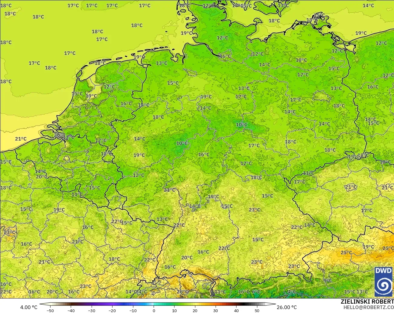ICON Alemania 2 km modelo - Alemania, Temperatura a 2 m