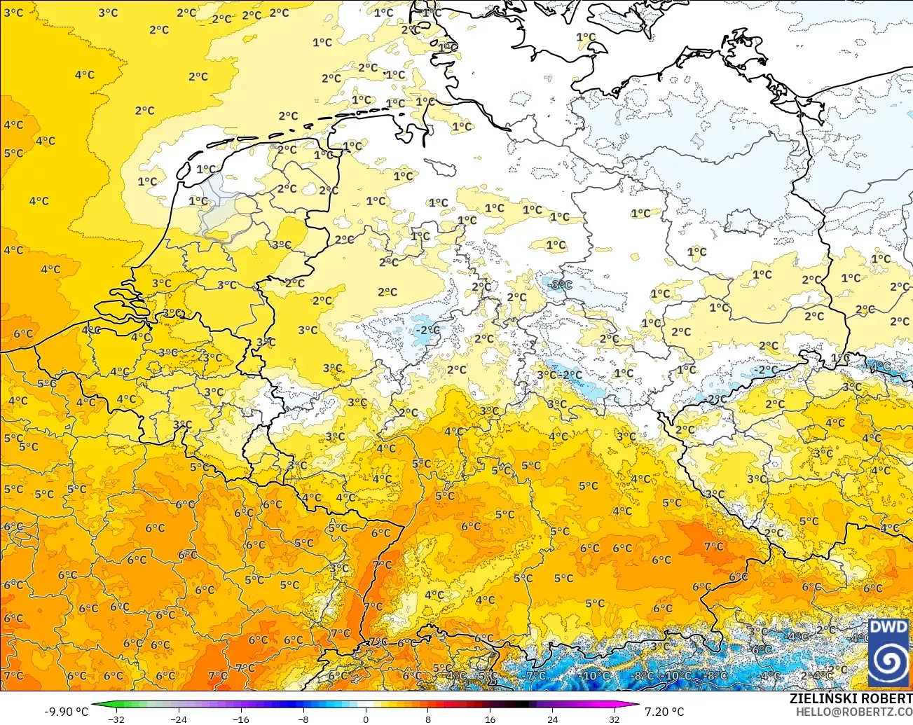 ICON Alemania 2 km modelo - Alemania, Anomalía de temperatura a 850 hPa