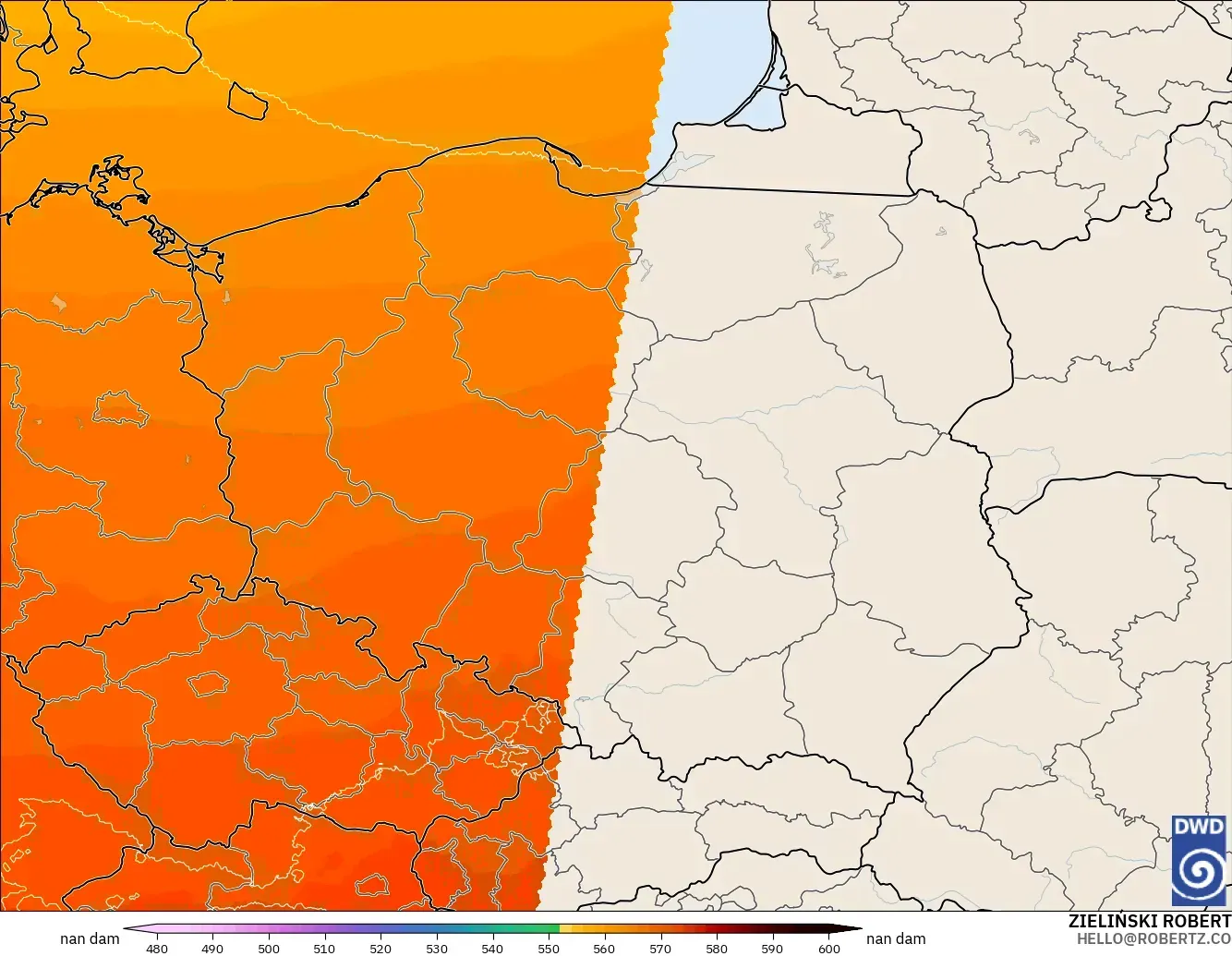 ICON Alemania 2 km modelo - Polonia, Altura geopotencial a 500 hPa
