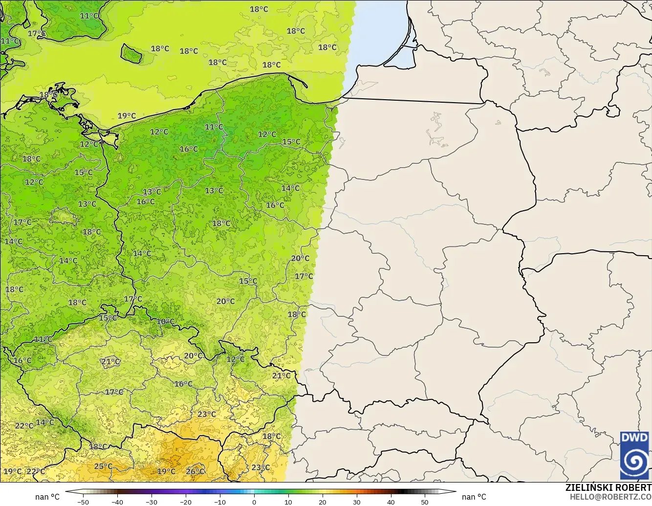 ICON Alemania 2 km modelo - Polonia, Temperatura a 2 m