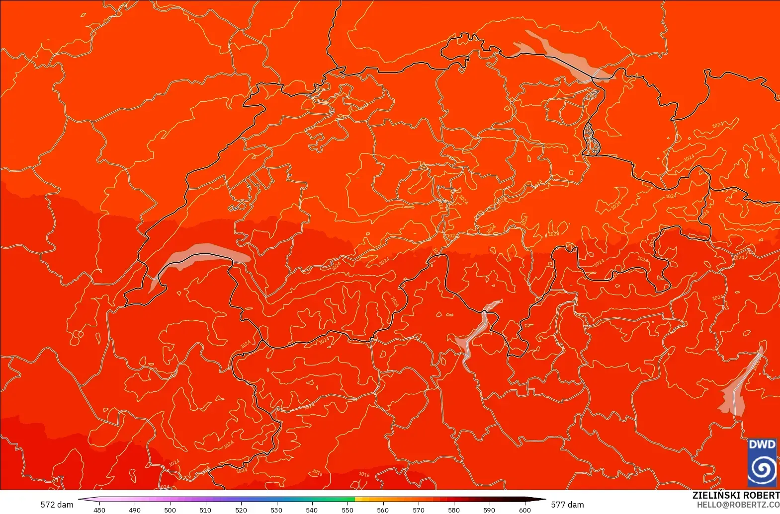 ICON Alemania 2 km modelo - Suiza, Altura geopotencial a 500 hPa