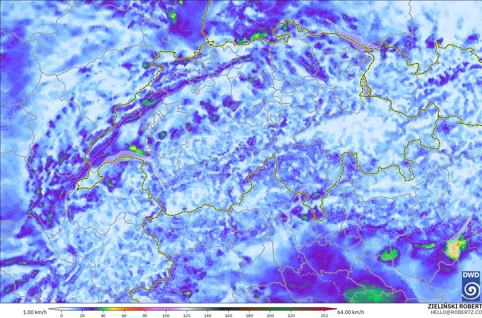ICON Alemania 2 km modelo - Suiza, Ráfagas de Viento Máximas