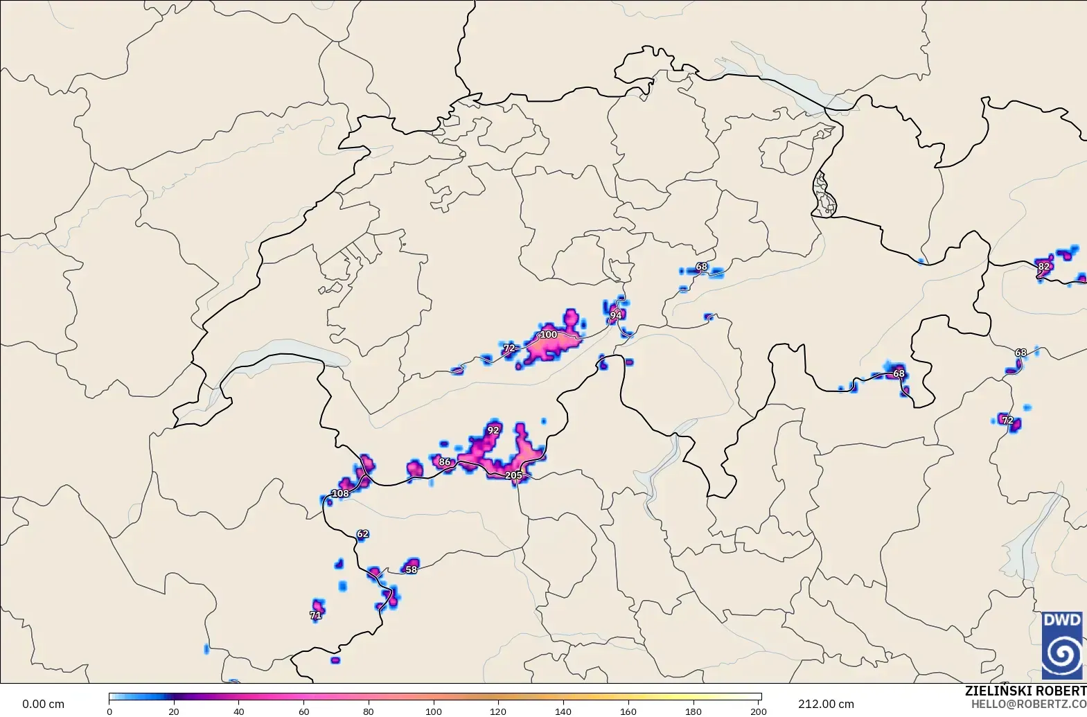 ICON Alemania 2 km modelo - Suiza, Profundidad de nieve