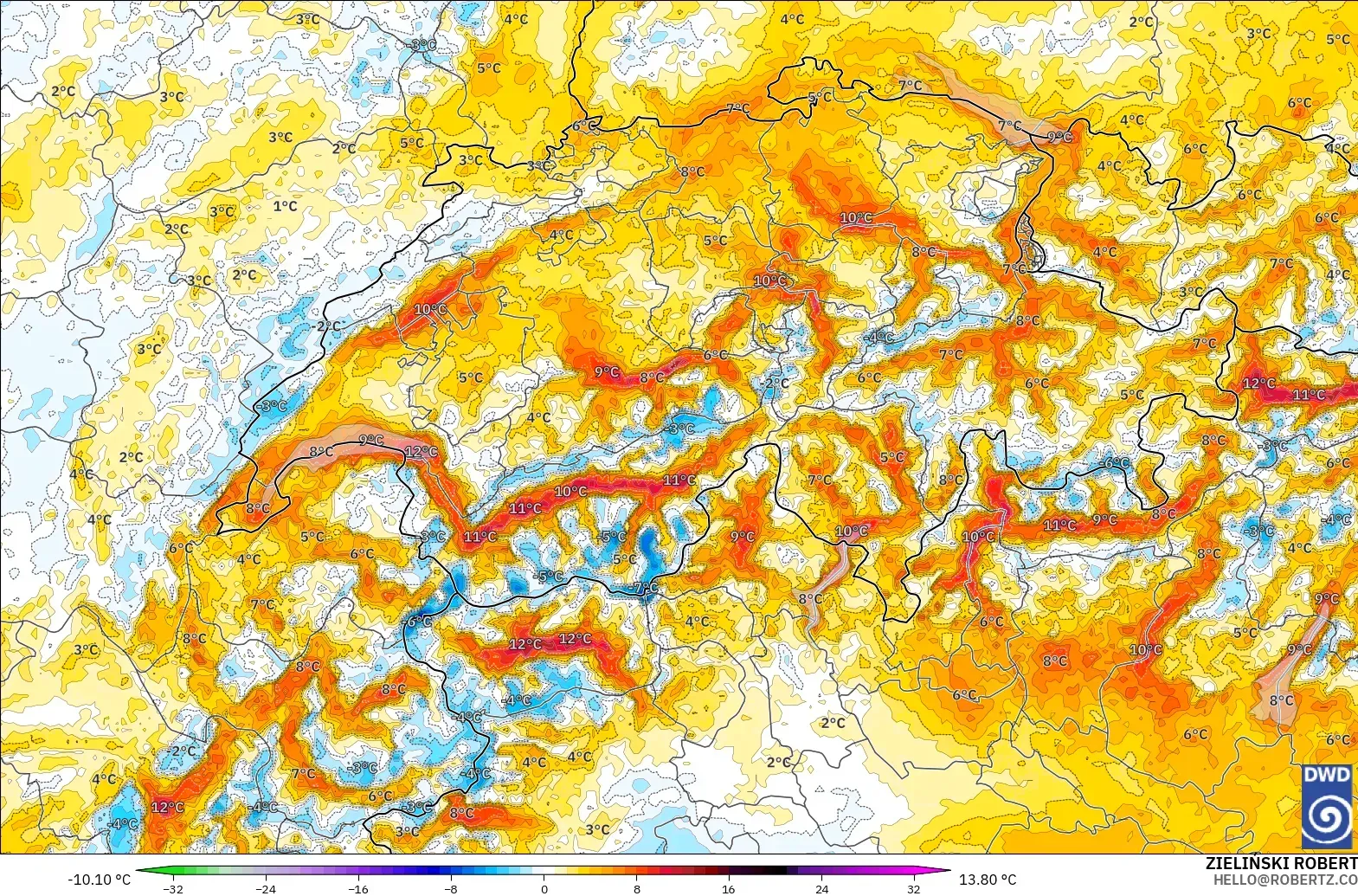 ICON Alemania 2 km modelo - Suiza, Anomalía de temperatura a 2 m
