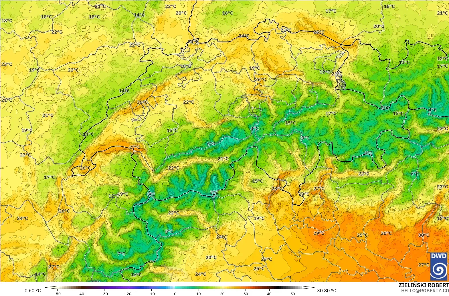ICON Alemania 2 km modelo - Suiza, Temperatura a 2 m