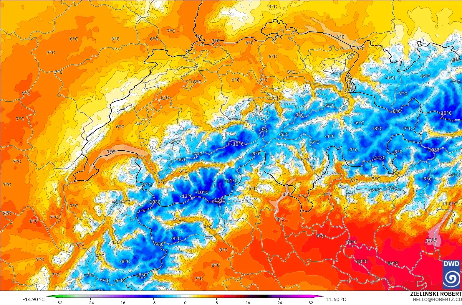 ICON Alemania 2 km modelo - Suiza, Anomalía de temperatura a 850 hPa
