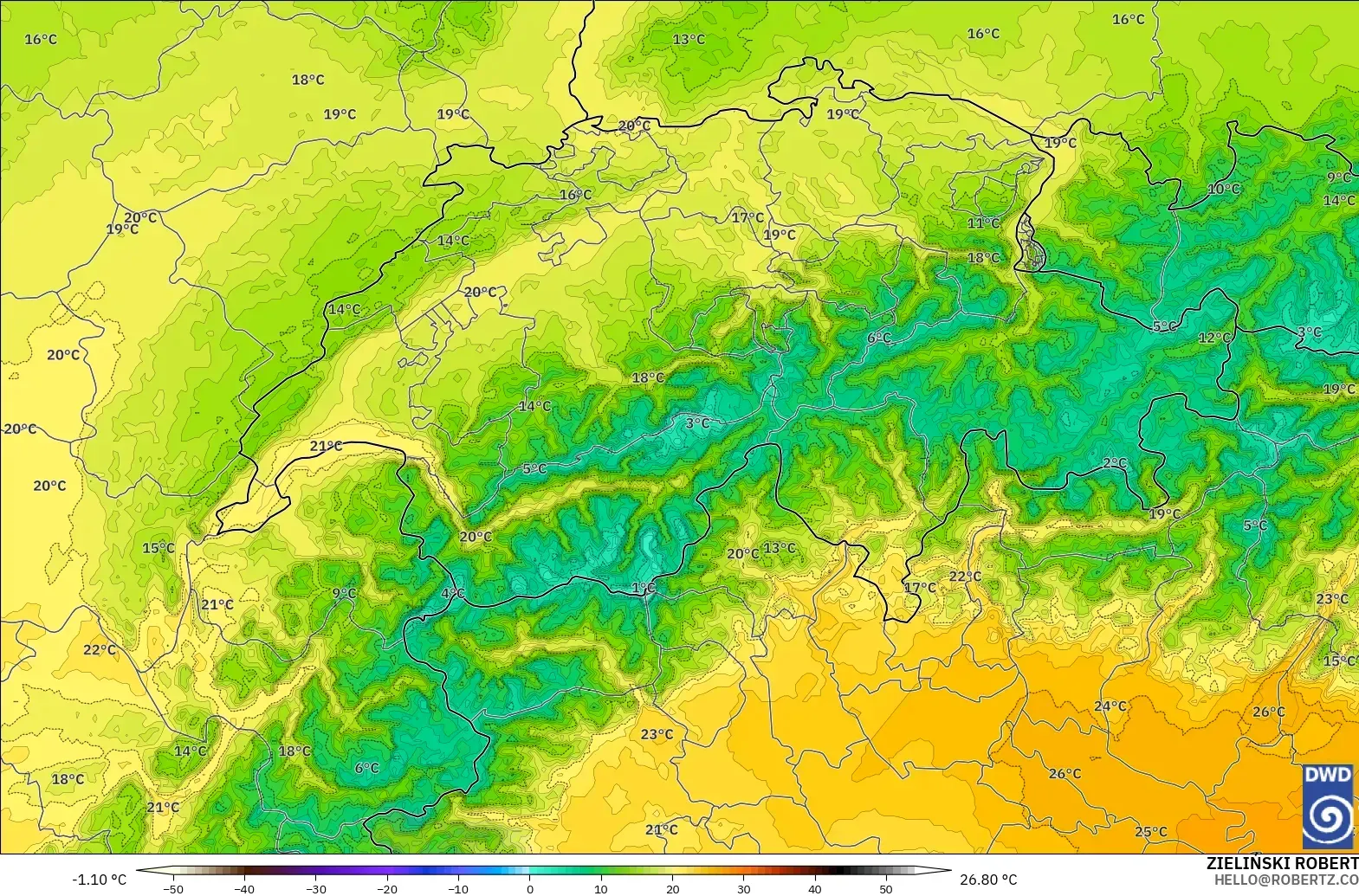 ICON Alemania 2 km modelo - Suiza, Temperatura a 850 hPa