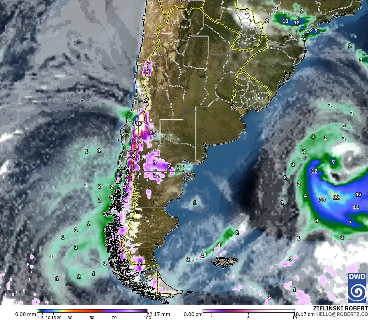 ICON modelo - Argentina, Precipitación, nubes y presión