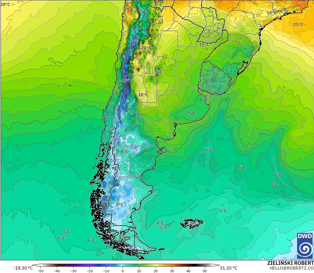 ICON modelo - Argentina, Temperatura a 2 m