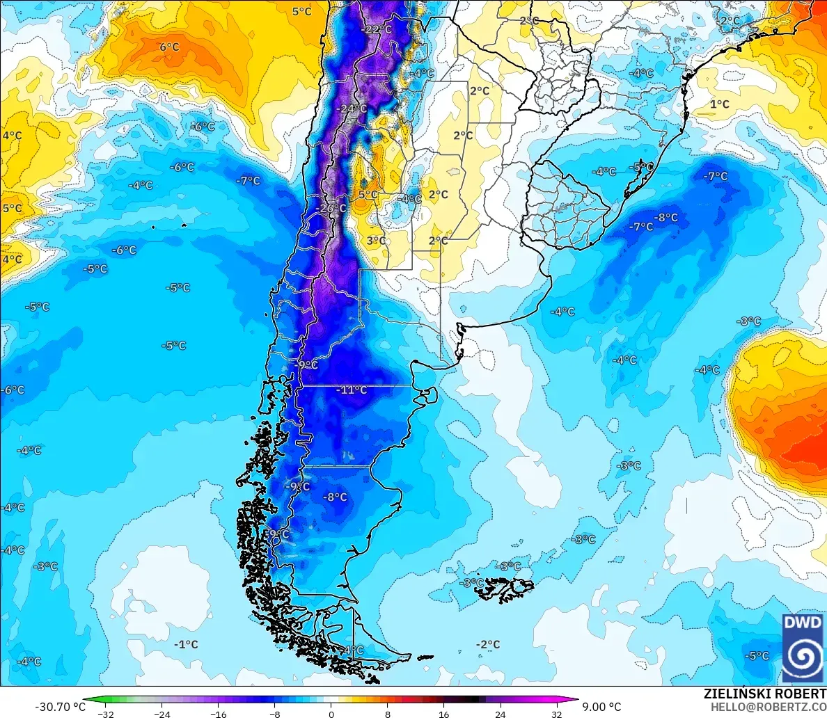 ICON modelo - Argentina, Anomalía de temperatura a 850 hPa