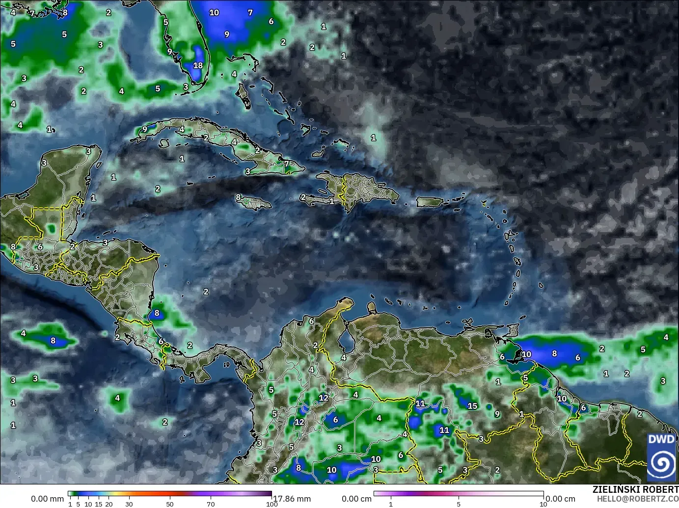ICON modelo - Caribe, Precipitación, nubes y presión