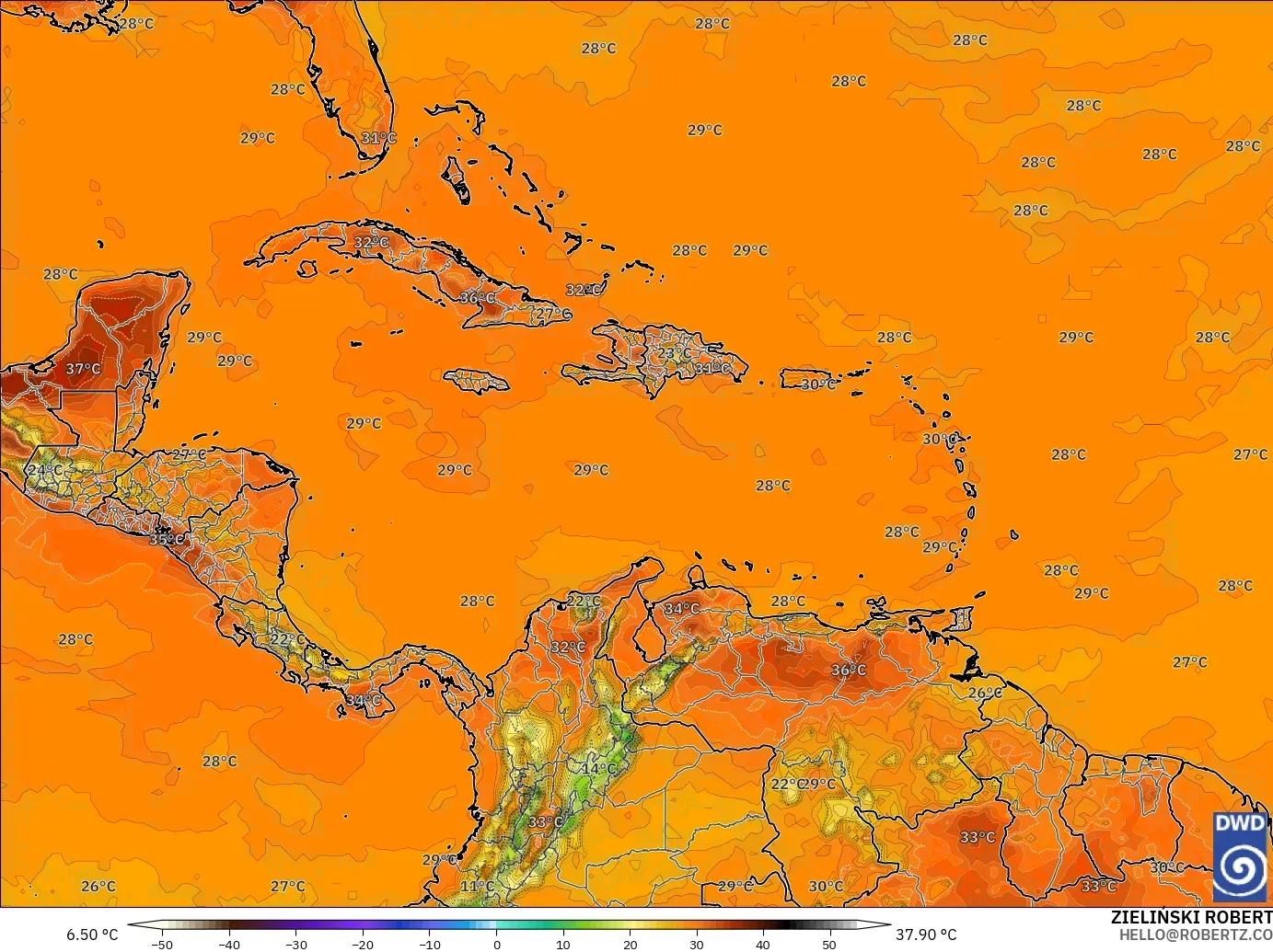 ICON modelo - Caribe, Temperatura a 2 m