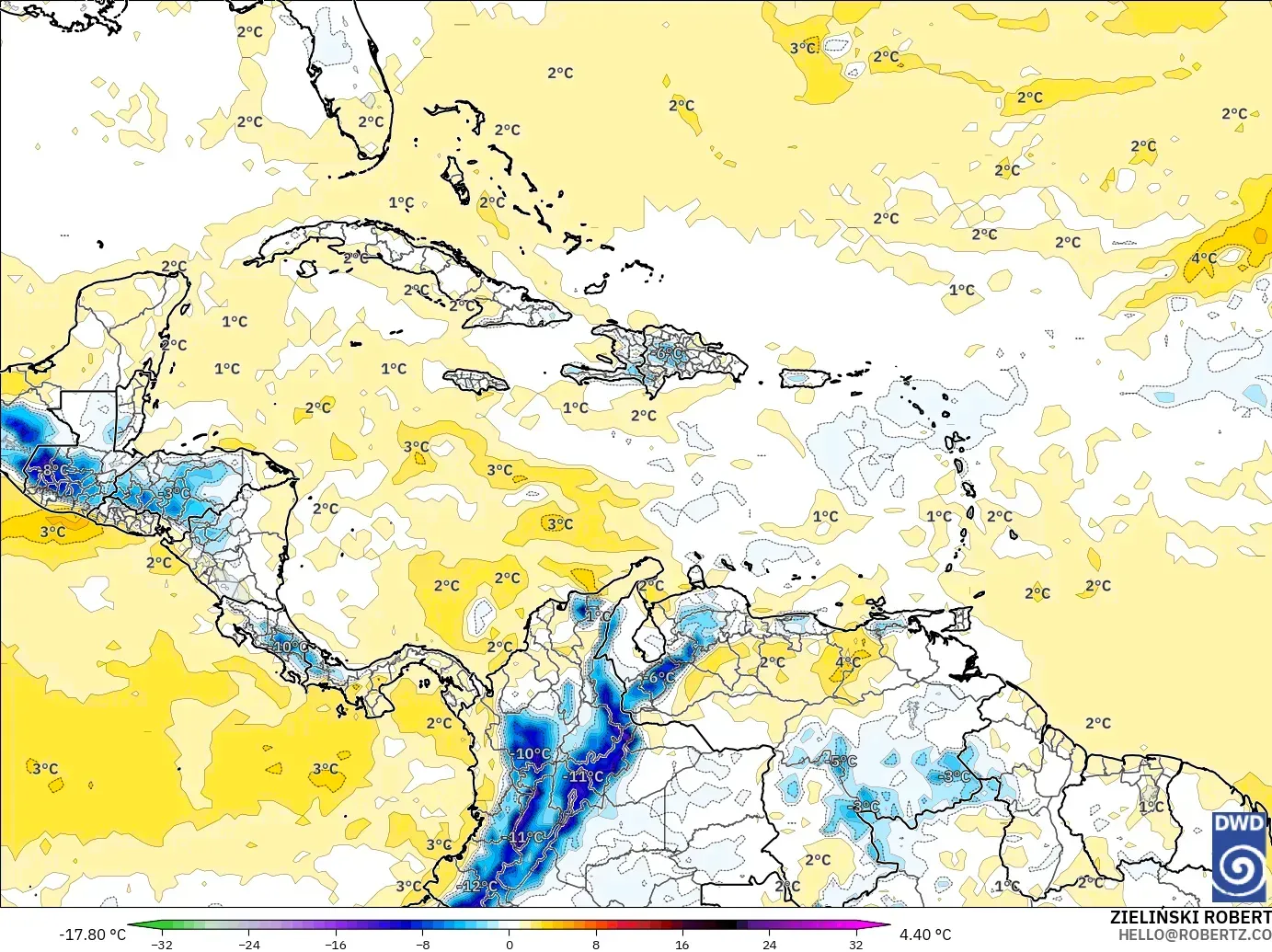 ICON modelo - Caribe, Anomalía de temperatura a 850 hPa