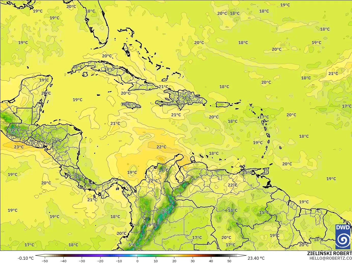 ICON modelo - Caribe, Temperatura a 850 hPa