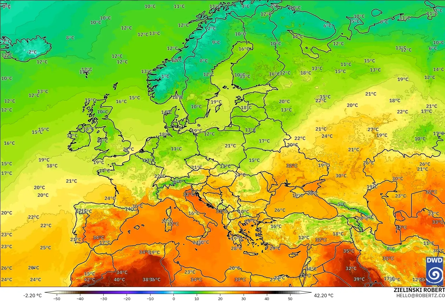 ICON modelo - Europa, Temperatura a 2 m