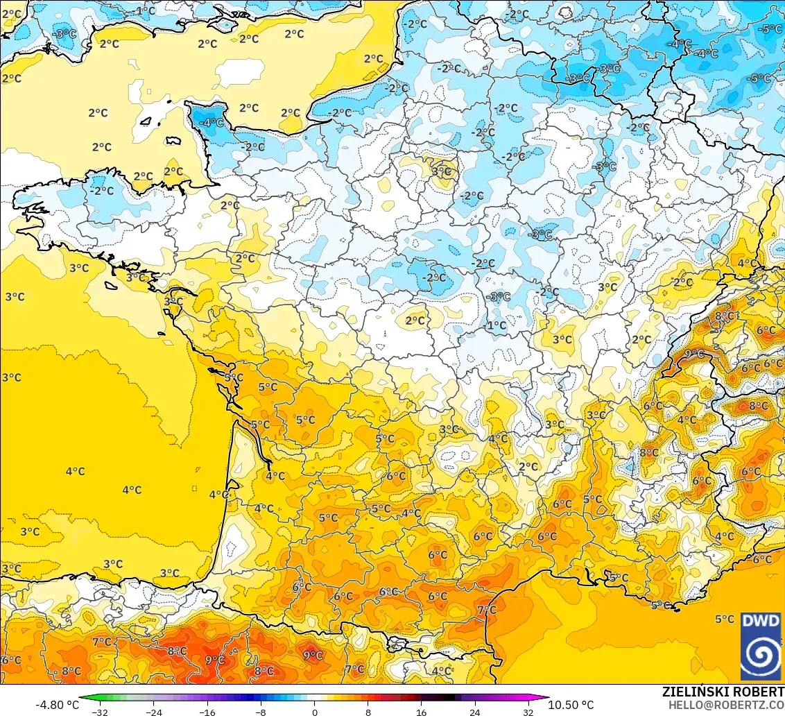 ICON modelo - Francia, Anomalía de temperatura a 2 m