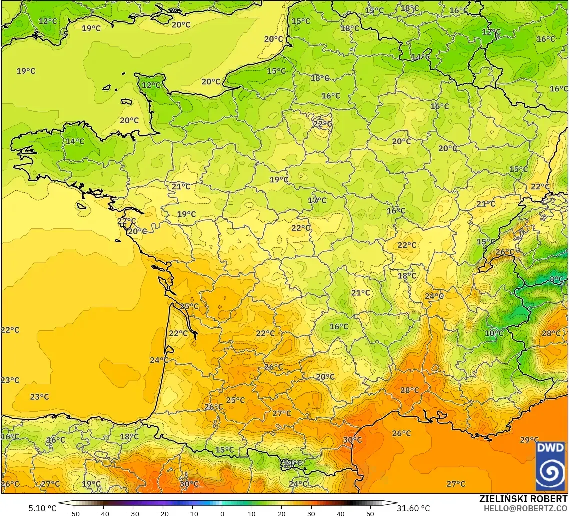 ICON modelo - Francia, Temperatura a 2 m