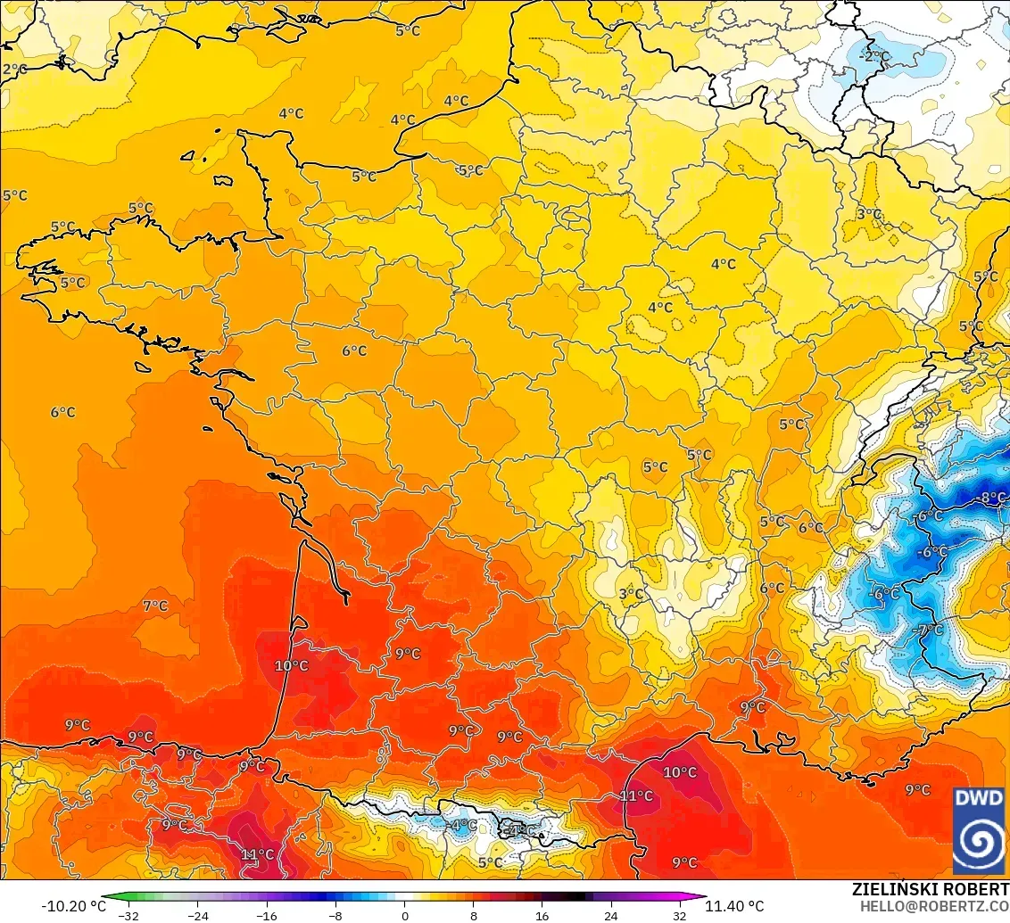ICON modelo - Francia, Anomalía de temperatura a 850 hPa