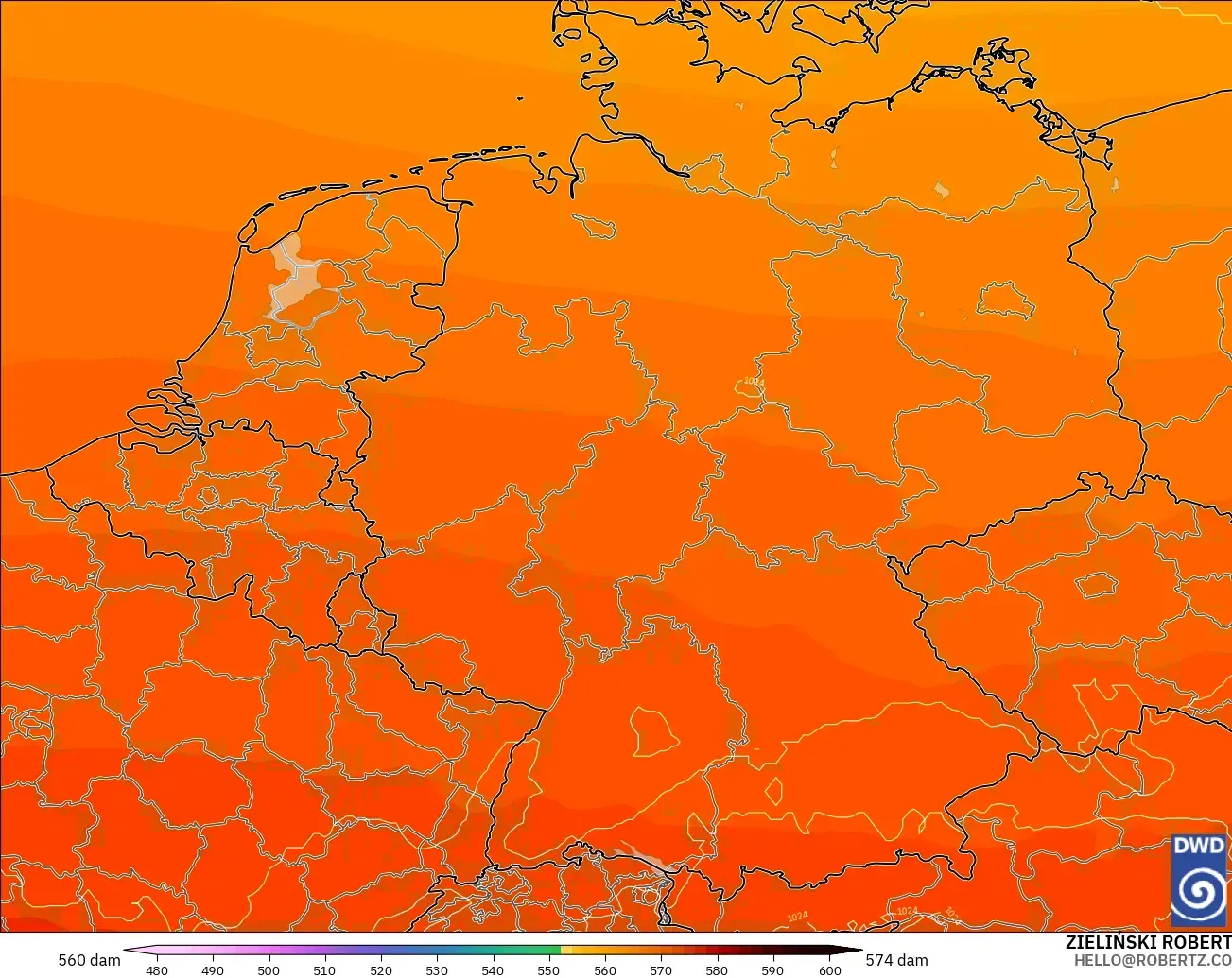 ICON modelo - Alemania, Altura geopotencial a 500 hPa