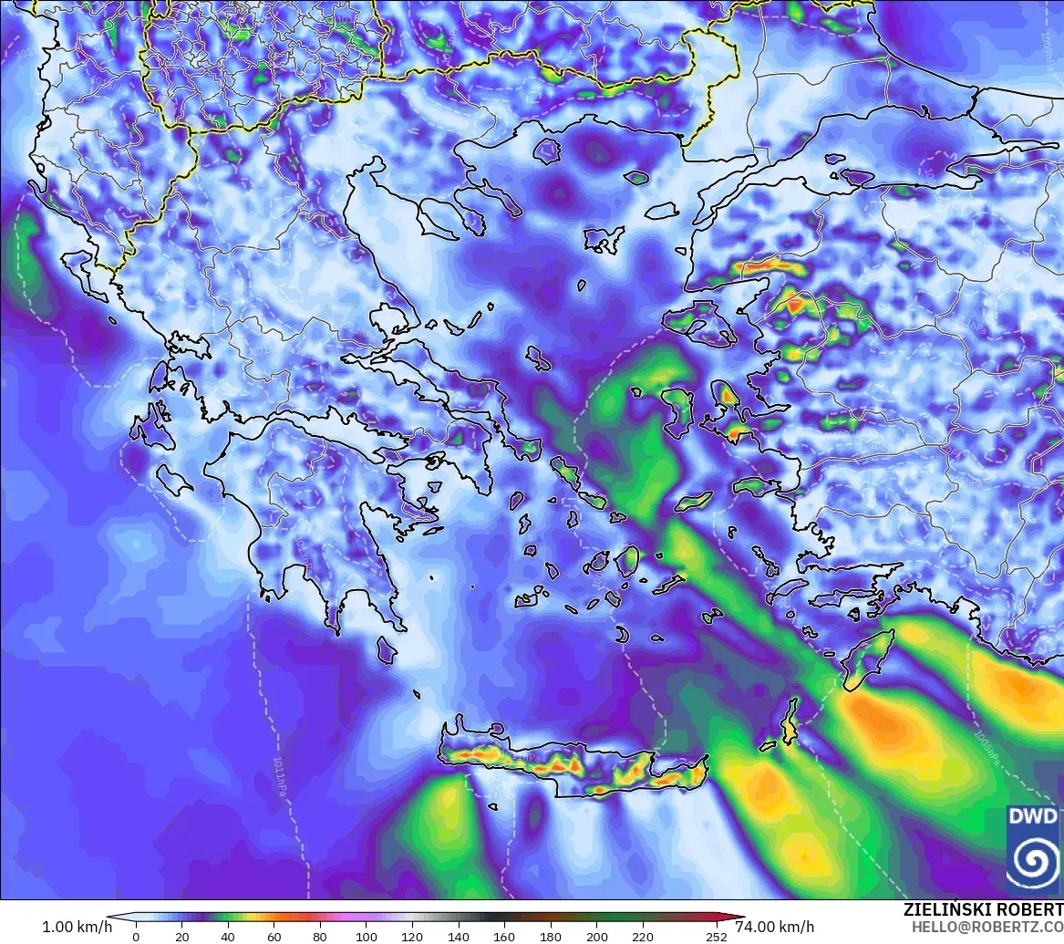 ICON modelo - Grecia, Ráfagas de viento