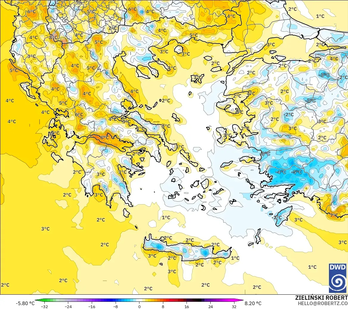 ICON modelo - Grecia, Anomalía de temperatura a 2 m