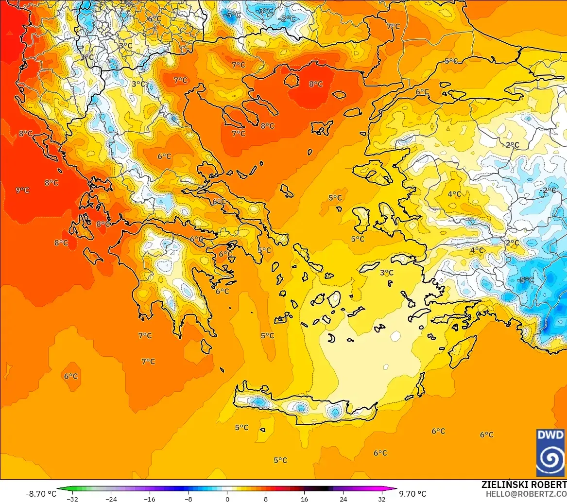 ICON modelo - Grecia, Anomalía de temperatura a 850 hPa