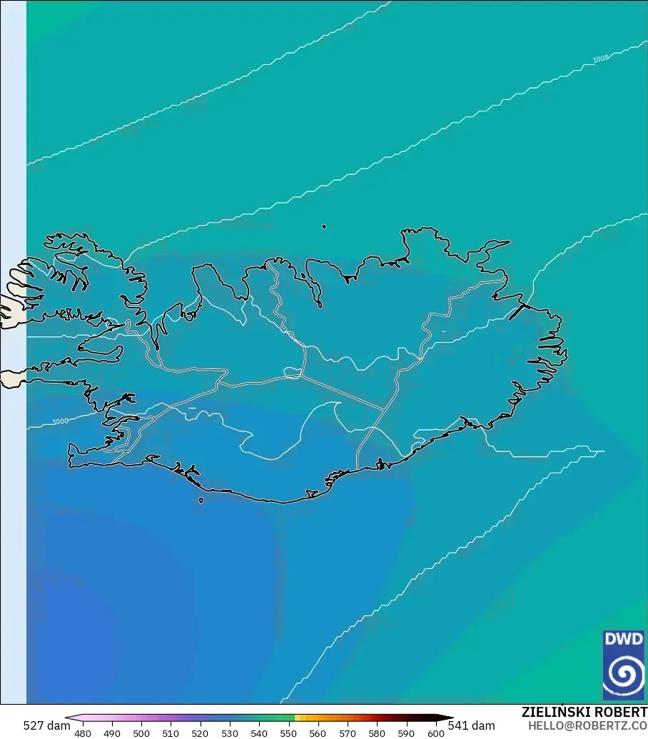 ICON modelo - Islandia, Altura geopotencial a 500 hPa