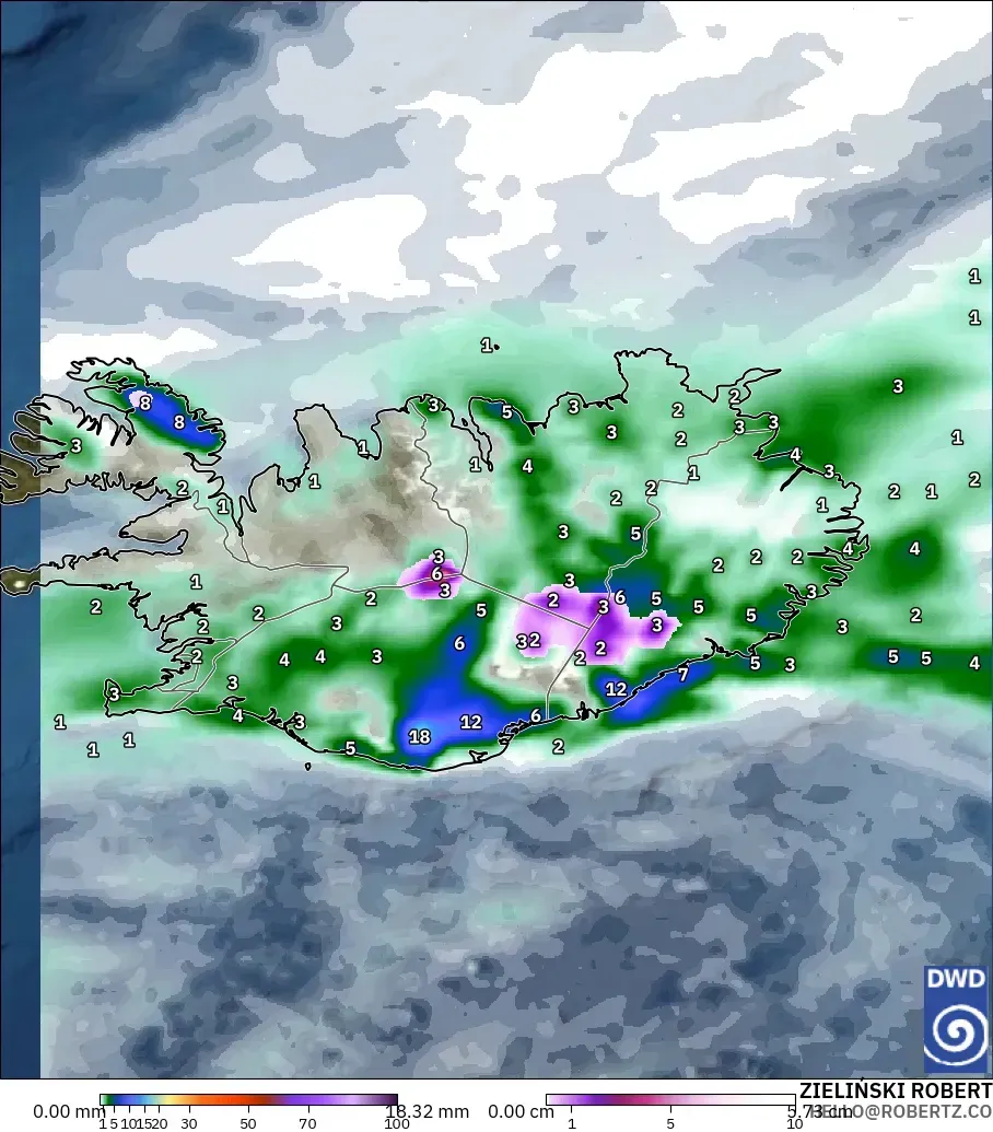 ICON modelo - Islandia, Precipitación, nubes y presión