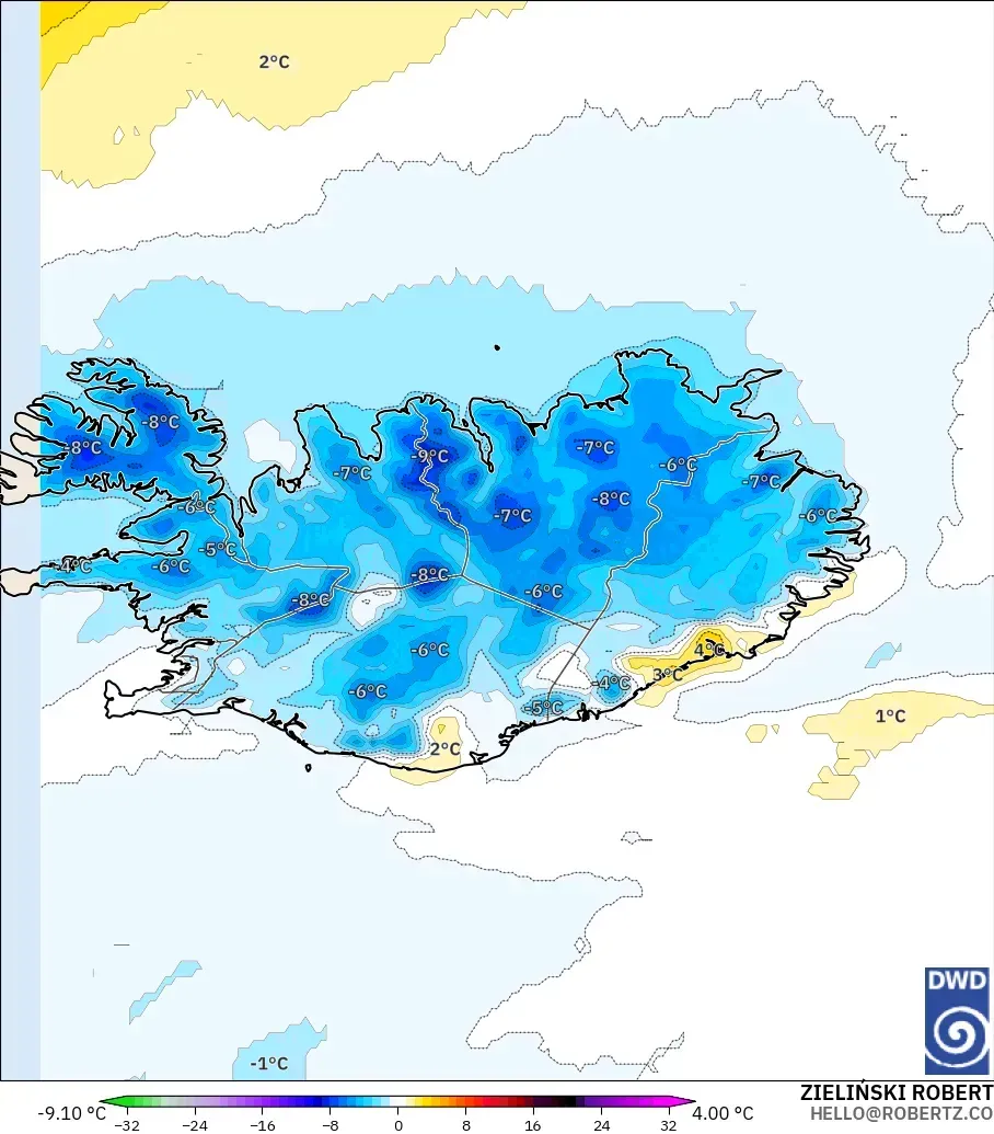 ICON modelo - Islandia, Anomalía de temperatura a 2 m
