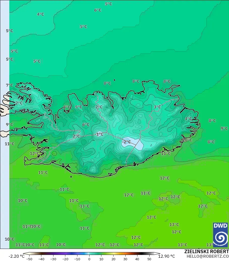 ICON modelo - Islandia, Temperatura a 2 m
