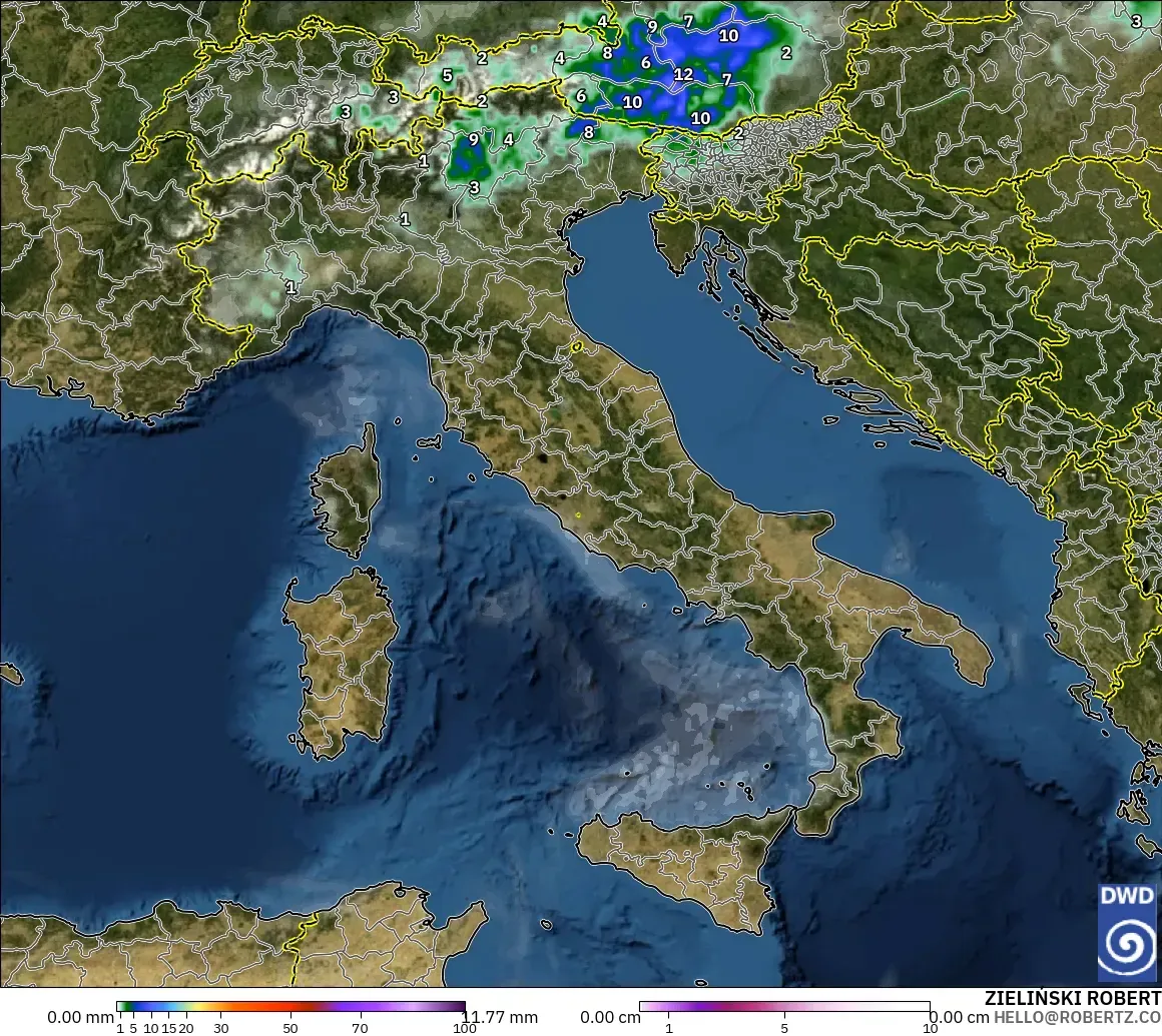 ICON modelo - Italia, Precipitación, nubes y presión