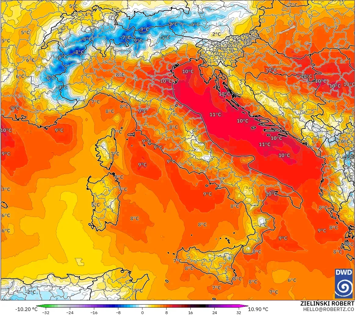 ICON modelo - Italia, Anomalía de temperatura a 850 hPa