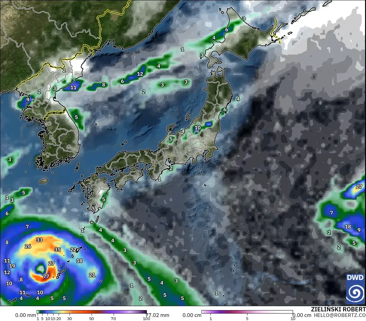 ICON modelo - Japón, Precipitación, nubes y presión