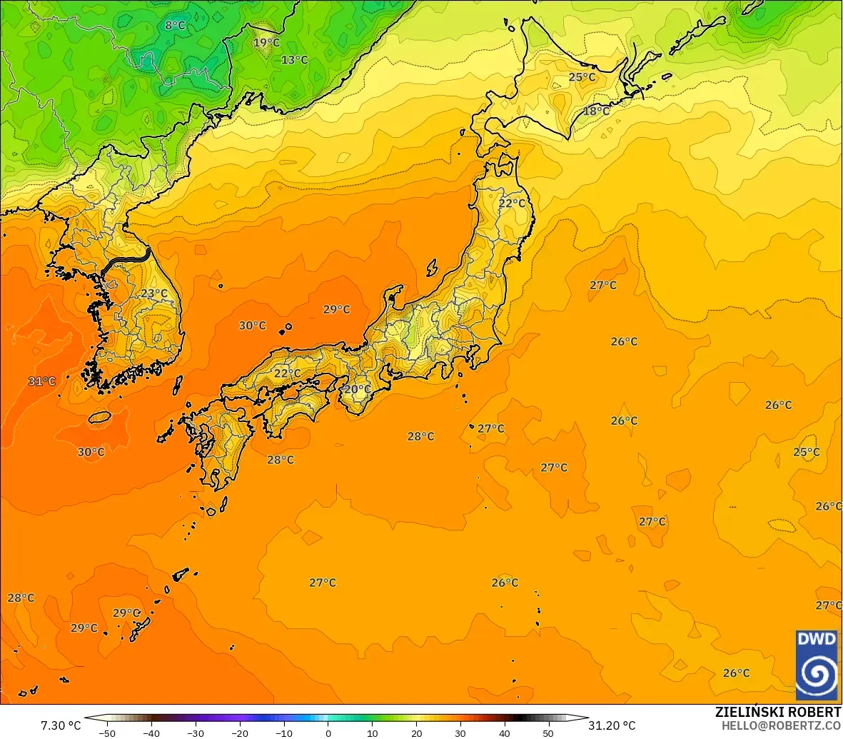ICON modelo - Japón, Temperatura a 2 m
