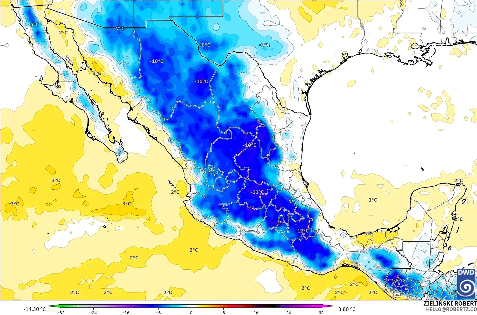 ICON modelo - México, Anomalía de temperatura a 850 hPa