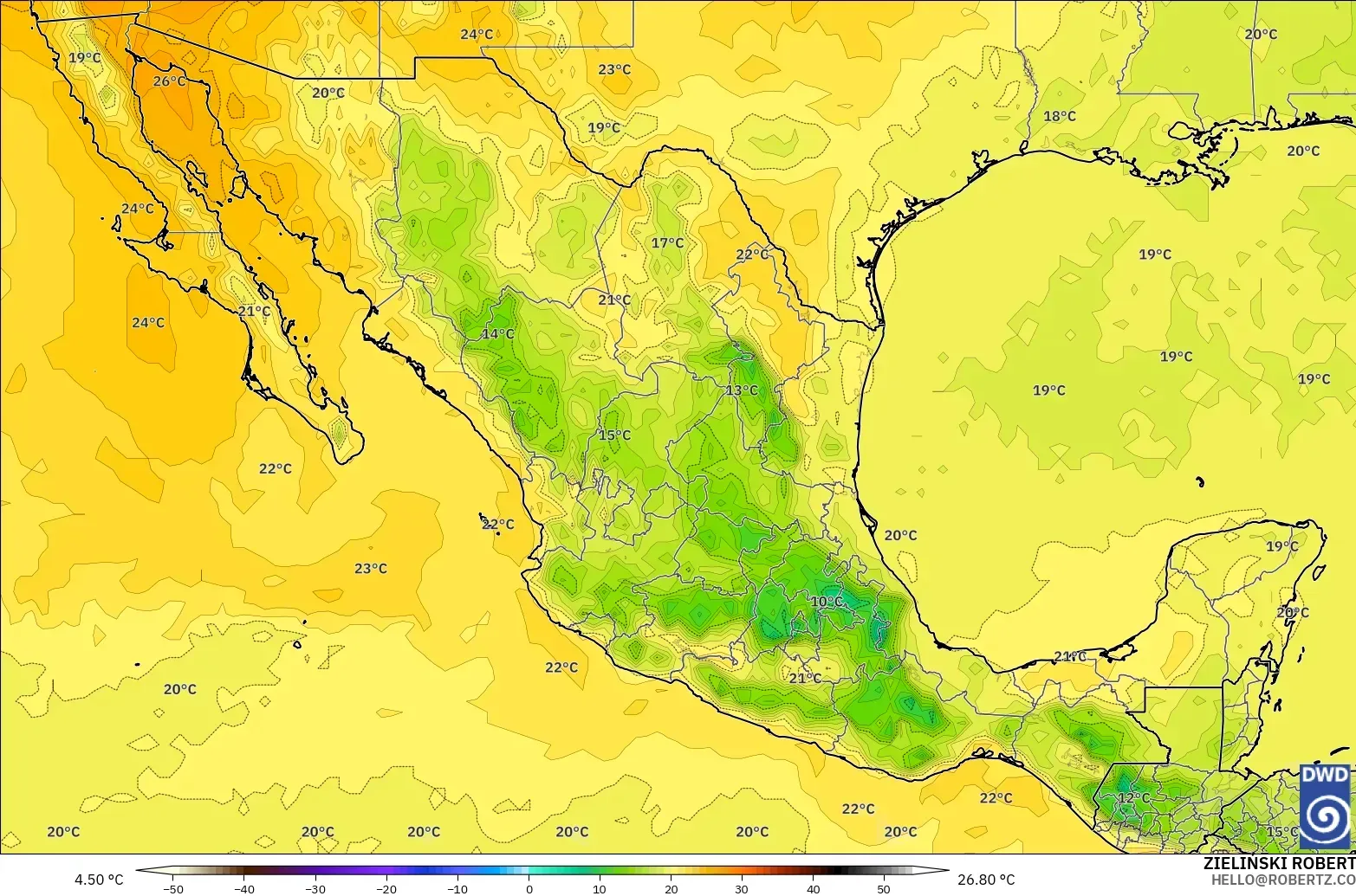 ICON modelo - México, Temperatura a 850 hPa