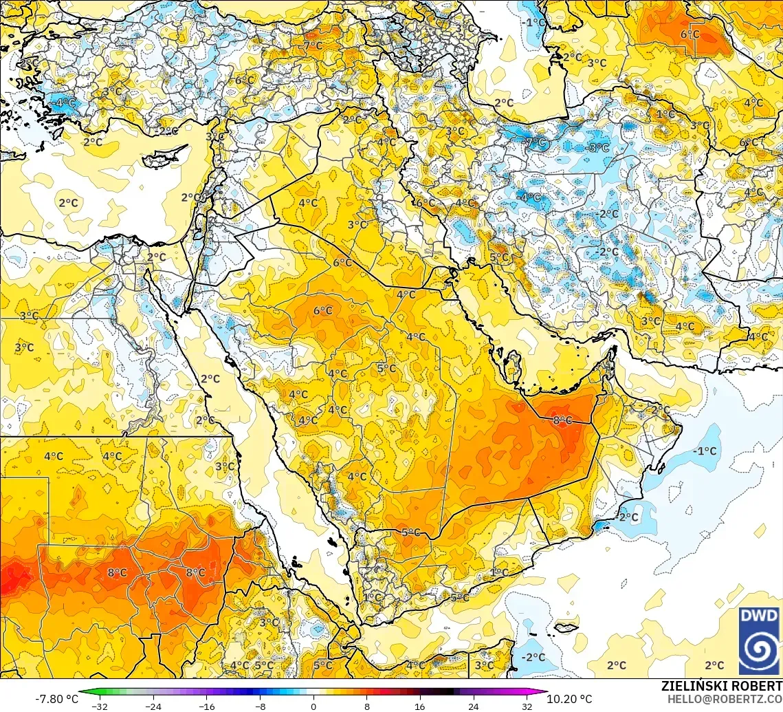 ICON modelo - Oriente Medio, Anomalía de temperatura a 2 m