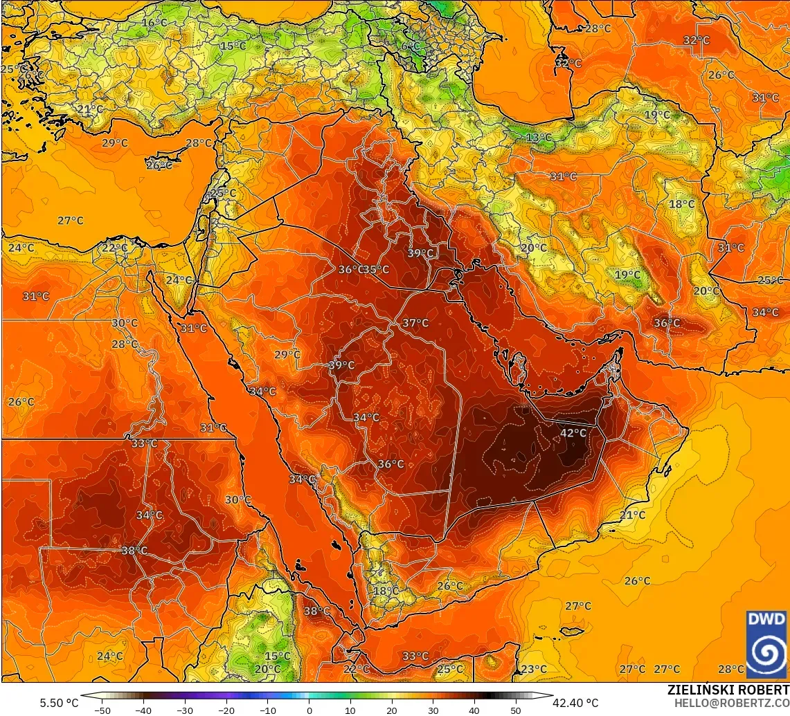 ICON modelo - Oriente Medio, Temperatura a 2 m