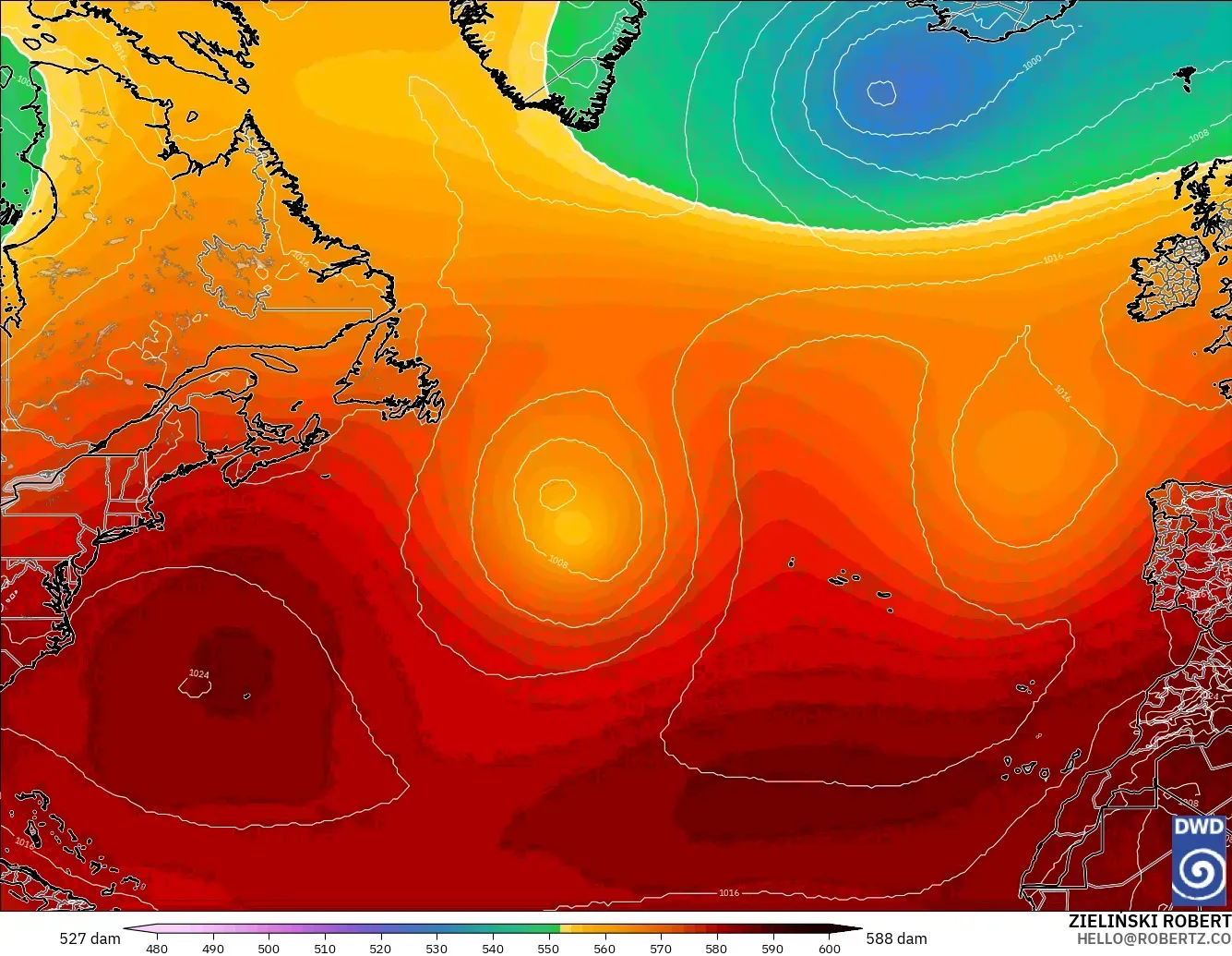 ICON modelo - Norte Atlántico, Altura geopotencial a 500 hPa