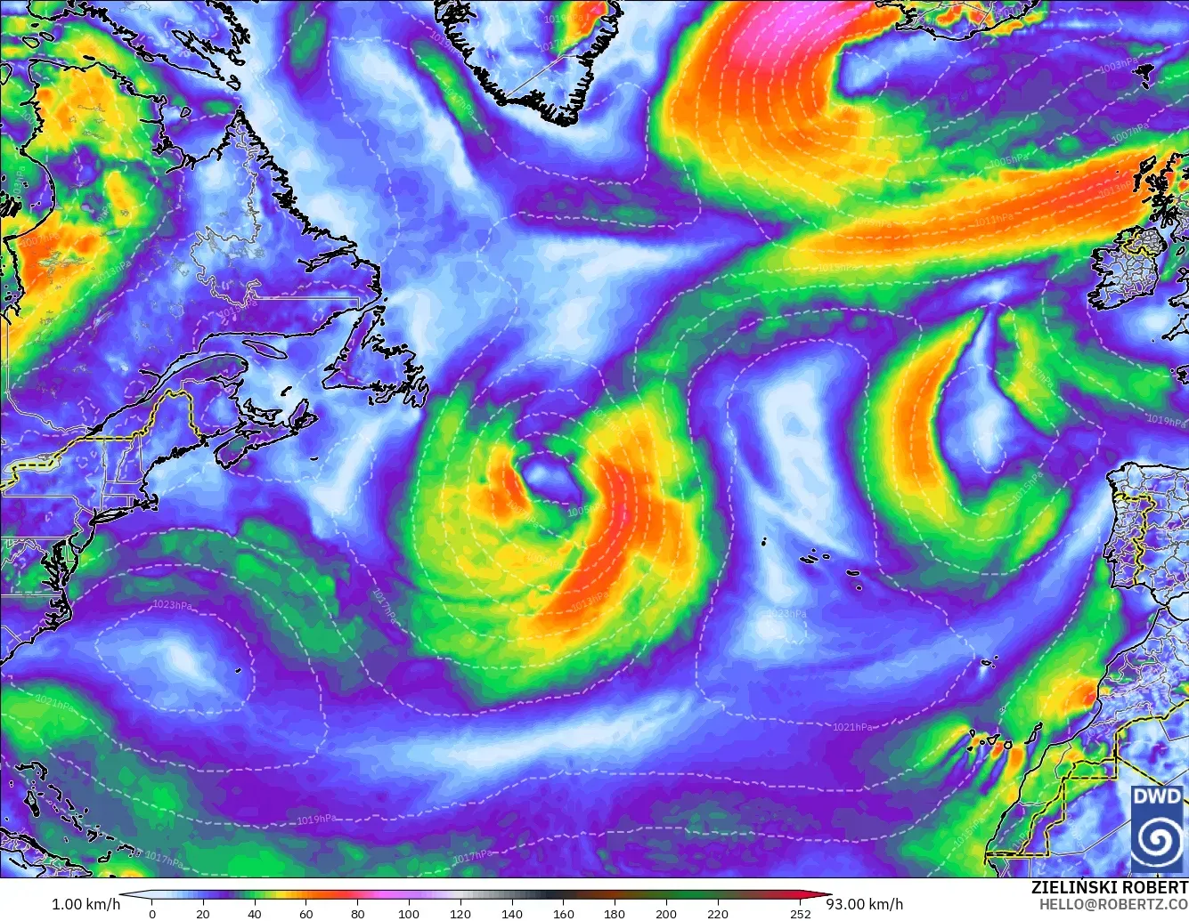 ICON modelo - Norte Atlántico, Ráfagas de viento