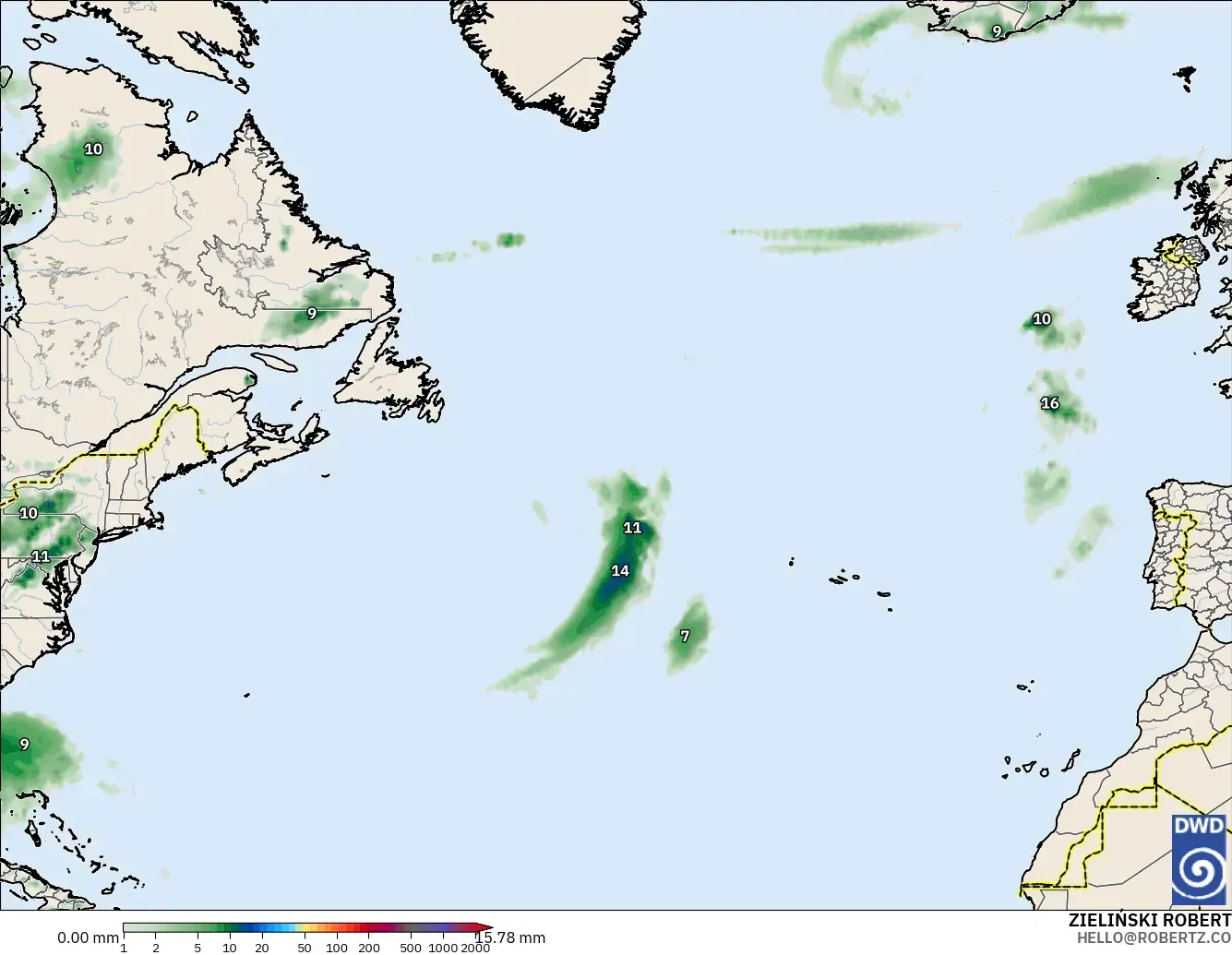 ICON modelo - Norte Atlántico, Acumulación de precipitación