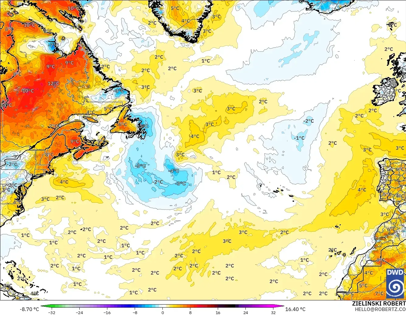 ICON modelo - Norte Atlántico, Anomalía de temperatura a 2 m