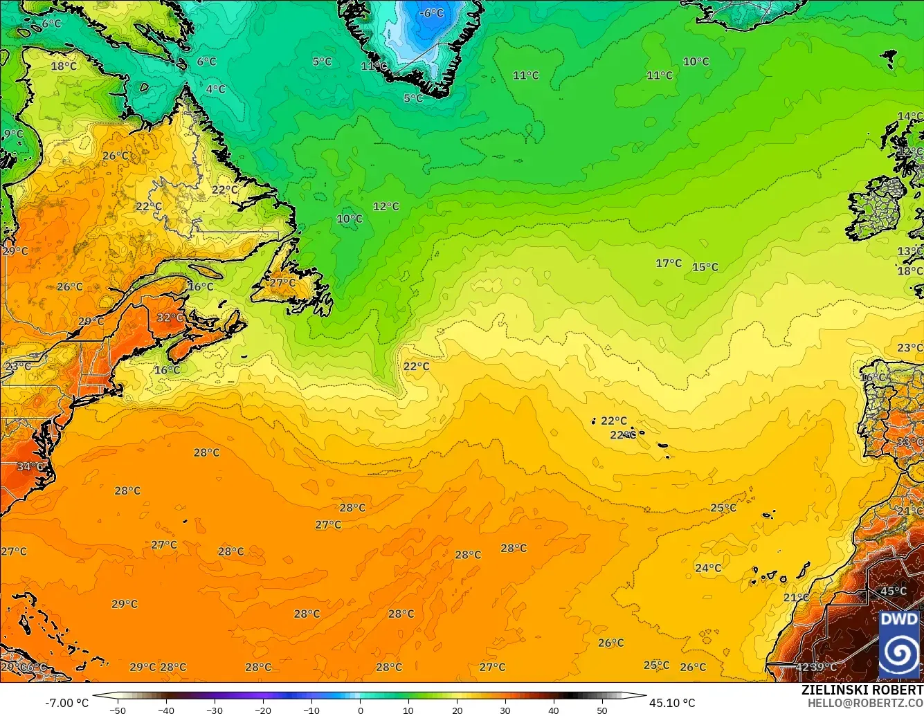 ICON modelo - Norte Atlántico, Temperatura a 2 m