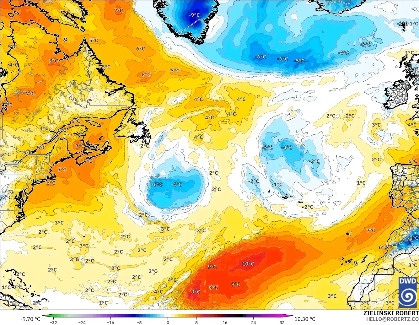 ICON modelo - Norte Atlántico, Anomalía de temperatura a 850 hPa
